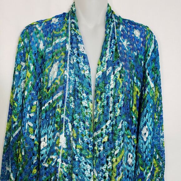 Ruby Rd Womens Cardigan Medium Open Front Teal Multi Colored Crochet Open Knit - Picture 3 of 9